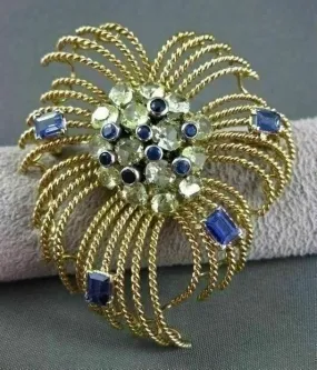 ANTIQUE LARGE OLD MINE DIAMOND & SAPPHIRE 18K YELLOW GOLD PIN / PENDANT #20615