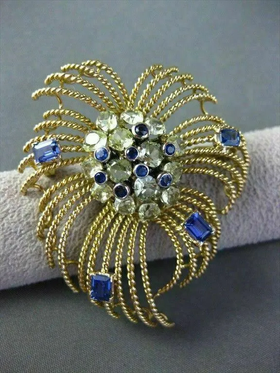 ANTIQUE LARGE OLD MINE DIAMOND & SAPPHIRE 18K YELLOW GOLD PIN / PENDANT #20615