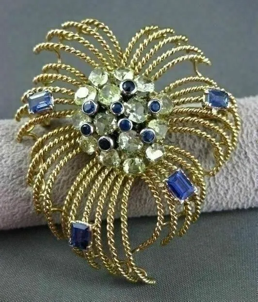 ANTIQUE LARGE OLD MINE DIAMOND & SAPPHIRE 18K YELLOW GOLD PIN / PENDANT #20615