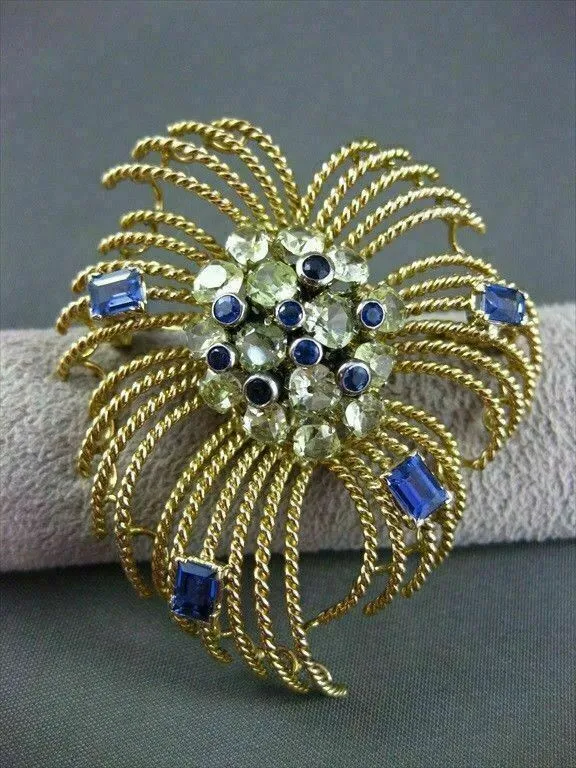 ANTIQUE LARGE OLD MINE DIAMOND & SAPPHIRE 18K YELLOW GOLD PIN / PENDANT #20615