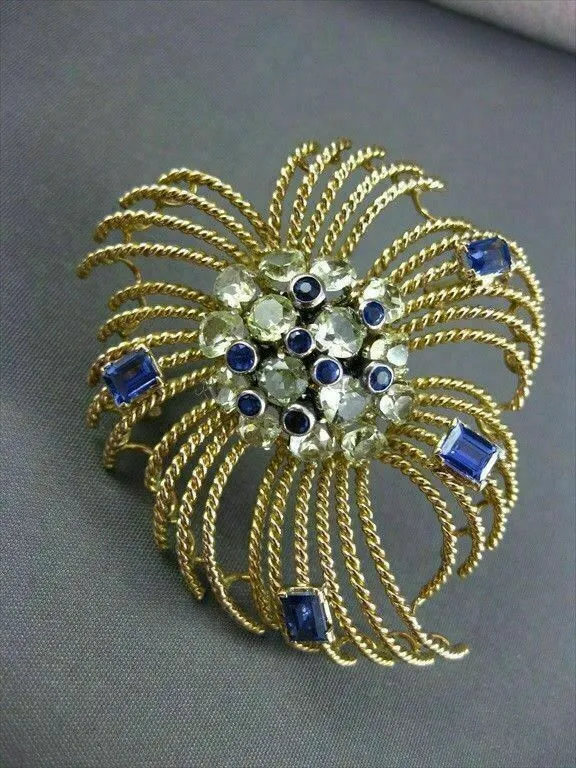ANTIQUE LARGE OLD MINE DIAMOND & SAPPHIRE 18K YELLOW GOLD PIN / PENDANT #20615