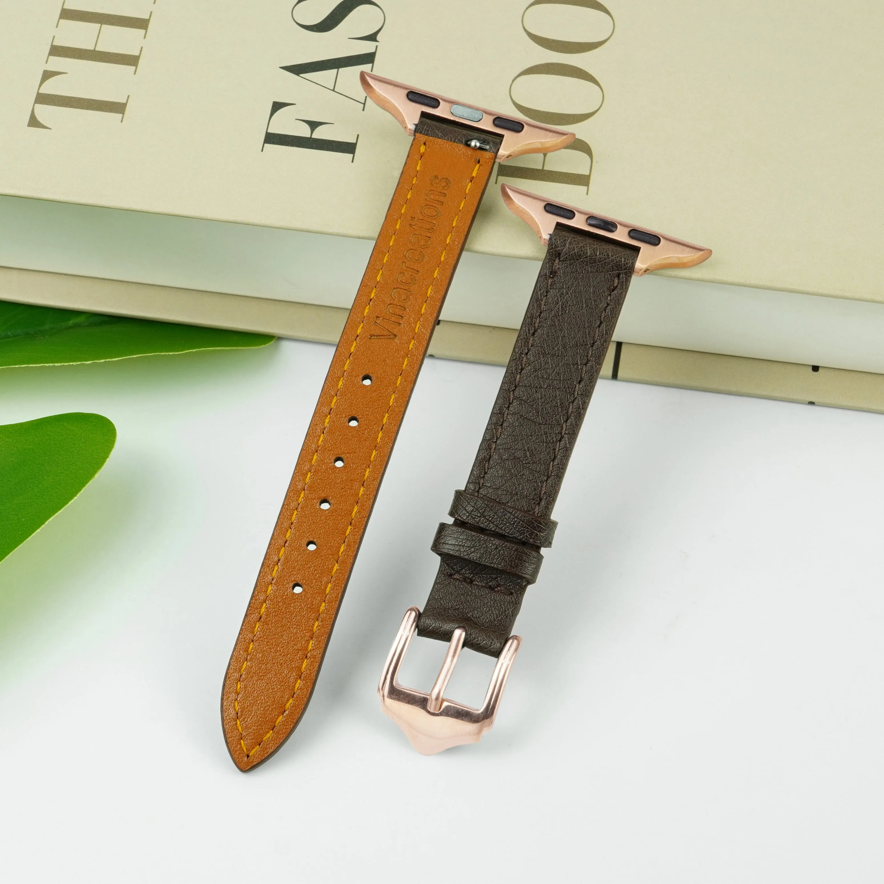 Dark Brown Flat Ostrich Leather Band Compatible Apple Watch Iwatch 49mm Screen Protector Case Gold Adapter Replacement Strap For Smartwatch Series 7 8 Leather Handmade AW-183G-W-49MM