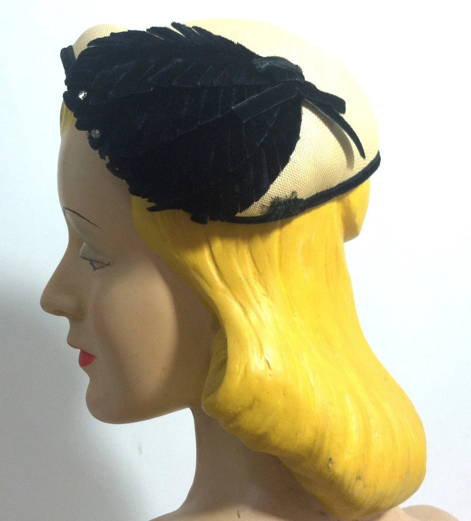 Natural Sisal Wrap Over Hat w/ Black Velvet and Rhinestone Detail circa 1950s