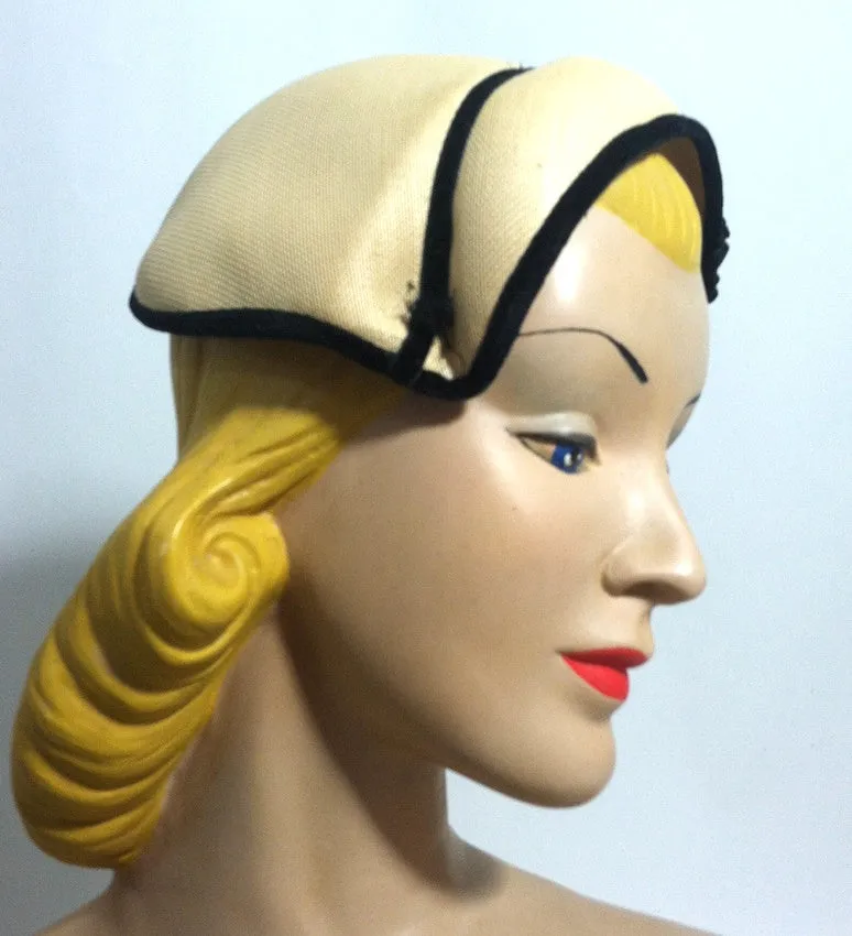 Natural Sisal Wrap Over Hat w/ Black Velvet and Rhinestone Detail circa 1950s