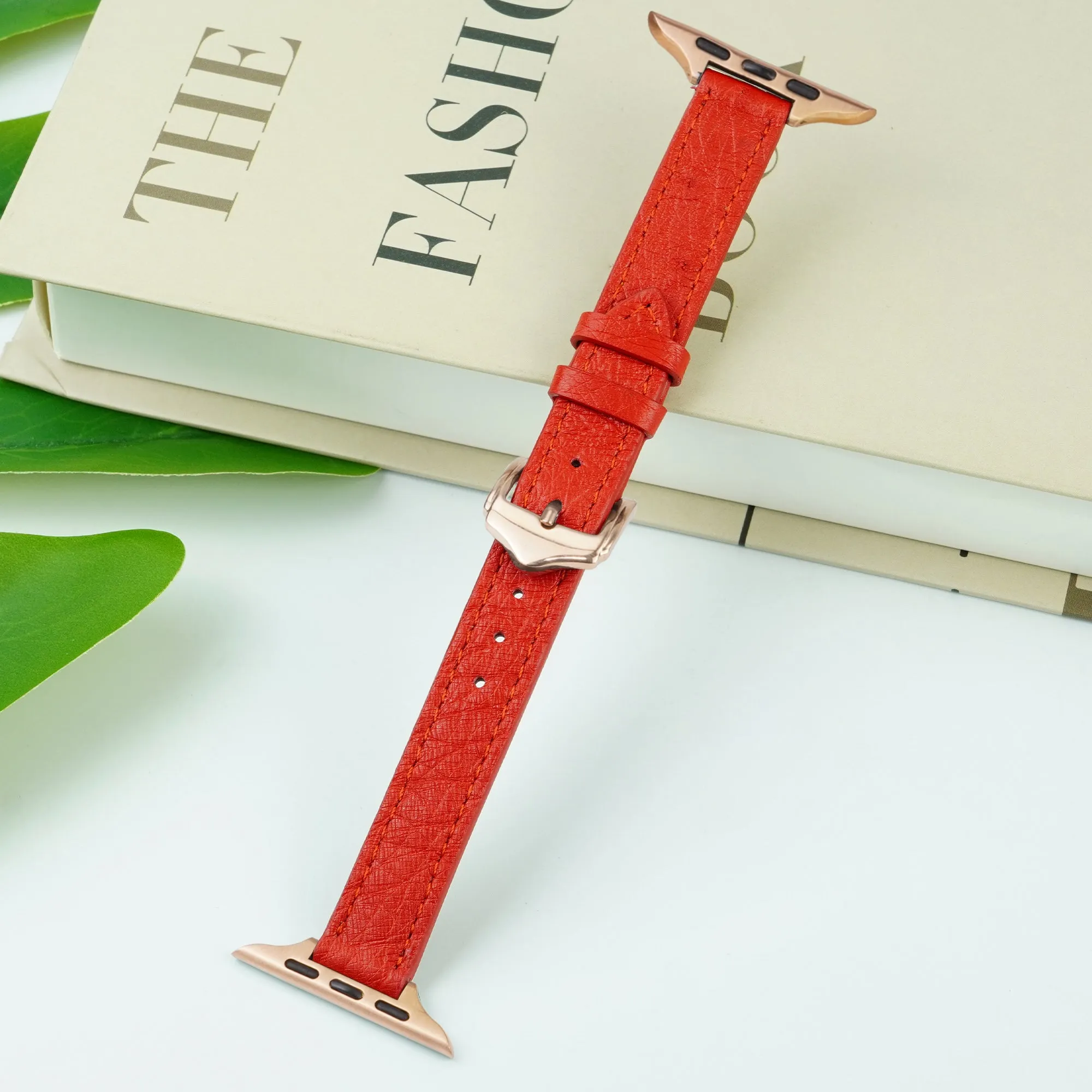 Red Flat Ostrich Leather Band Compatible Apple Watch Iwatch 40mm Screen Protector Case Gold Adapter Replacement Strap For Smartwatch Series 4 5 6 SE Leather Handmade AW-190G-W-40MM