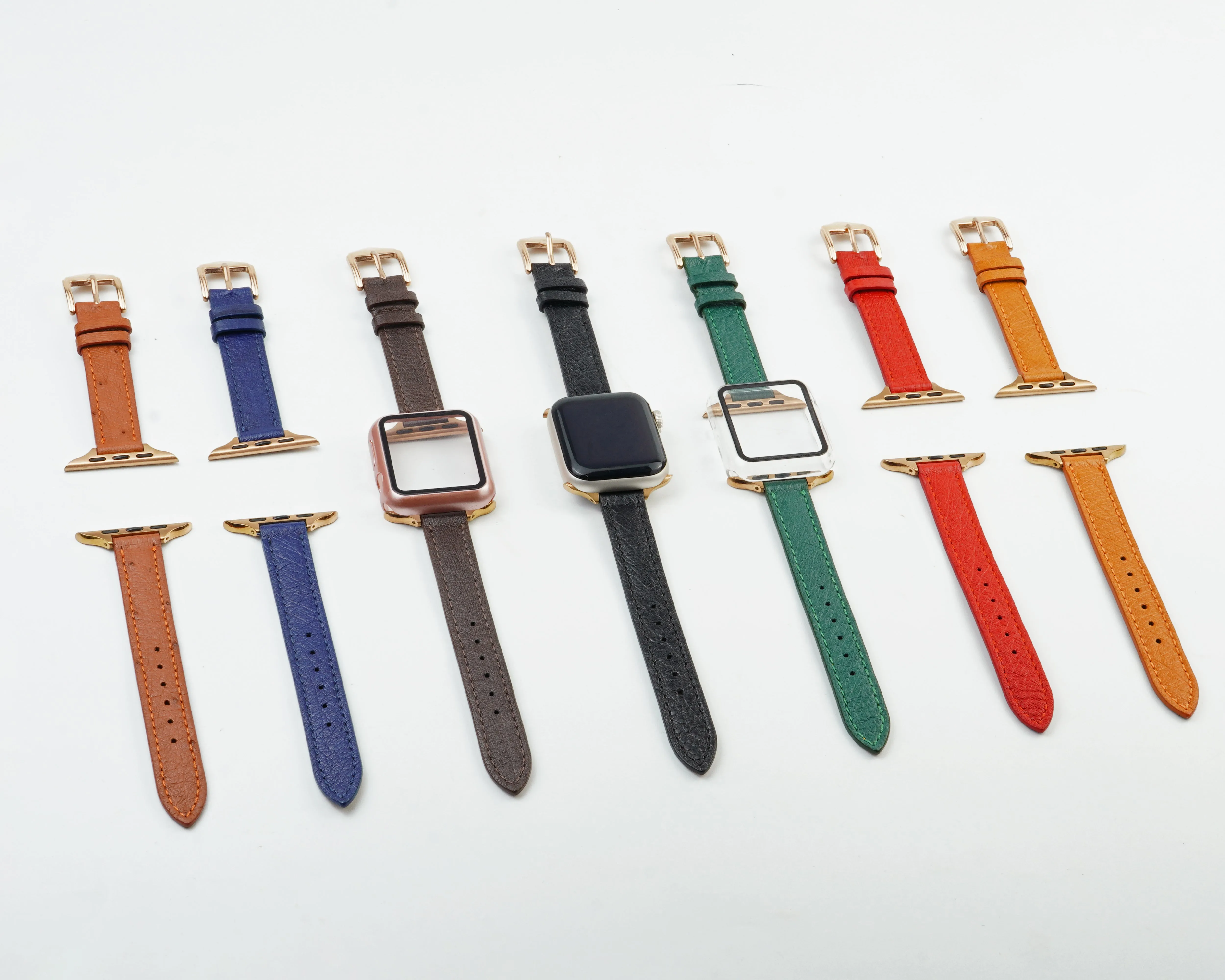 Red Flat Ostrich Leather Band Compatible Apple Watch Iwatch 40mm Screen Protector Case Gold Adapter Replacement Strap For Smartwatch Series 4 5 6 SE Leather Handmade AW-190G-W-40MM