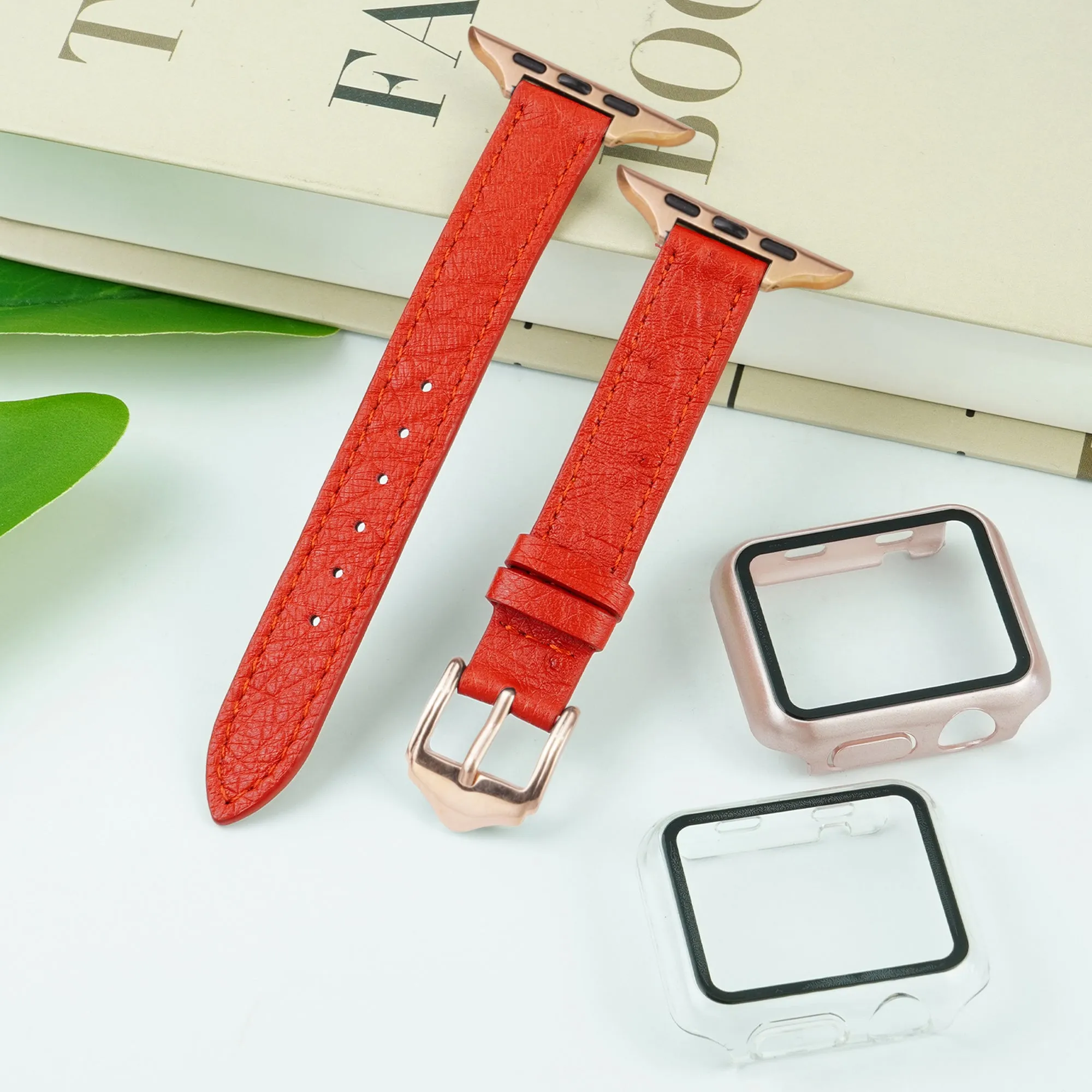 Red Flat Ostrich Leather Band Compatible Apple Watch Iwatch 40mm Screen Protector Case Gold Adapter Replacement Strap For Smartwatch Series 4 5 6 SE Leather Handmade AW-190G-W-40MM