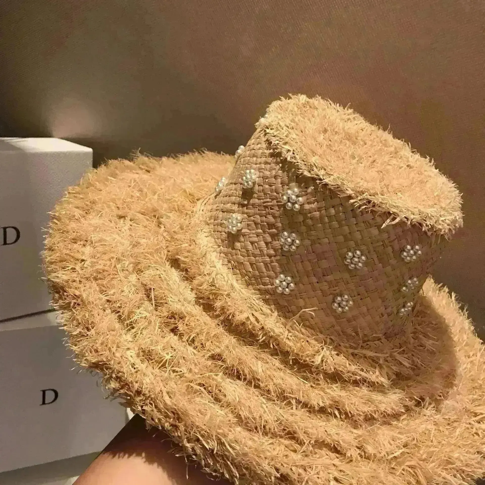 Summer Raffia Straw Hat Hand-stitched Pearl Hat