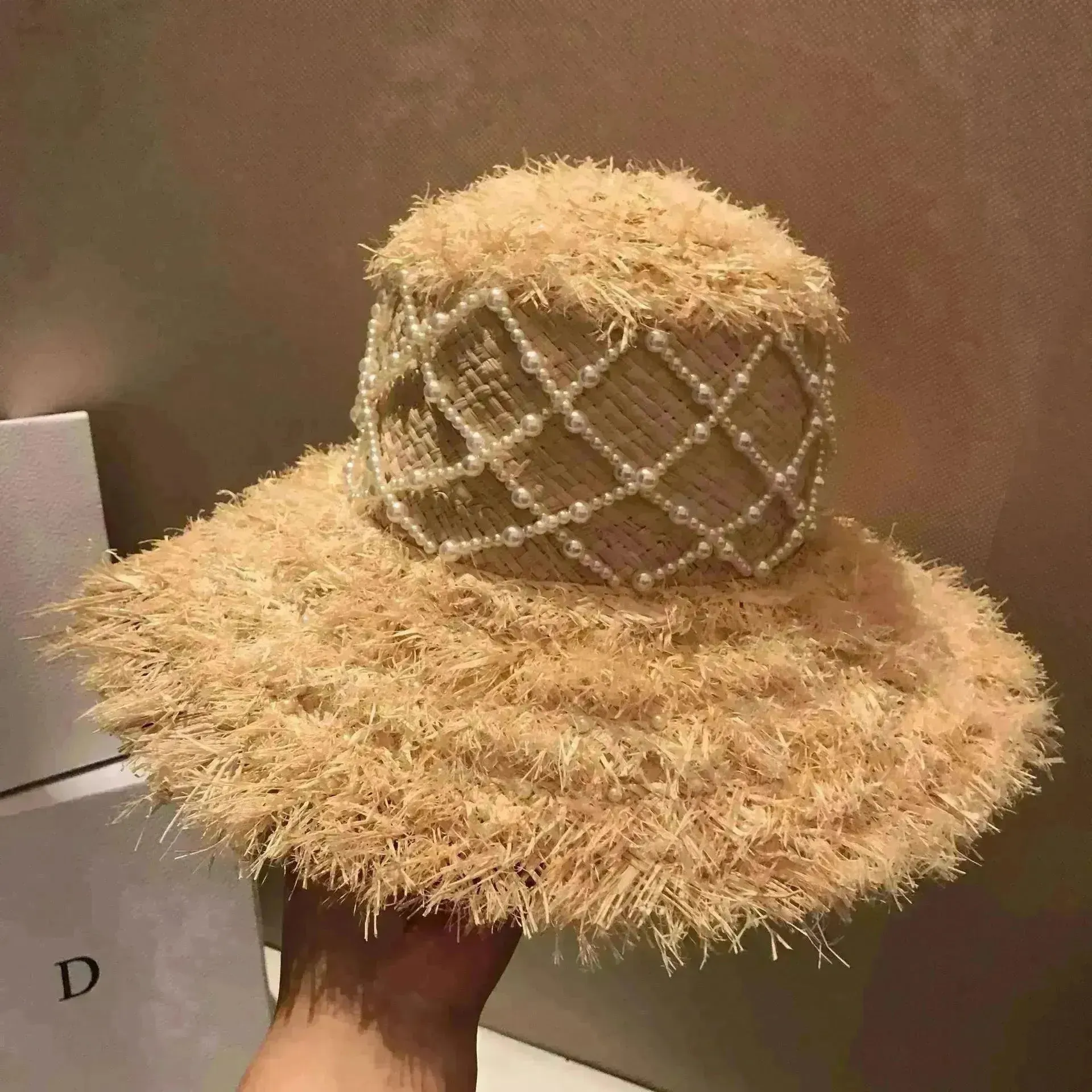Summer Raffia Straw Hat Hand-stitched Pearl Hat