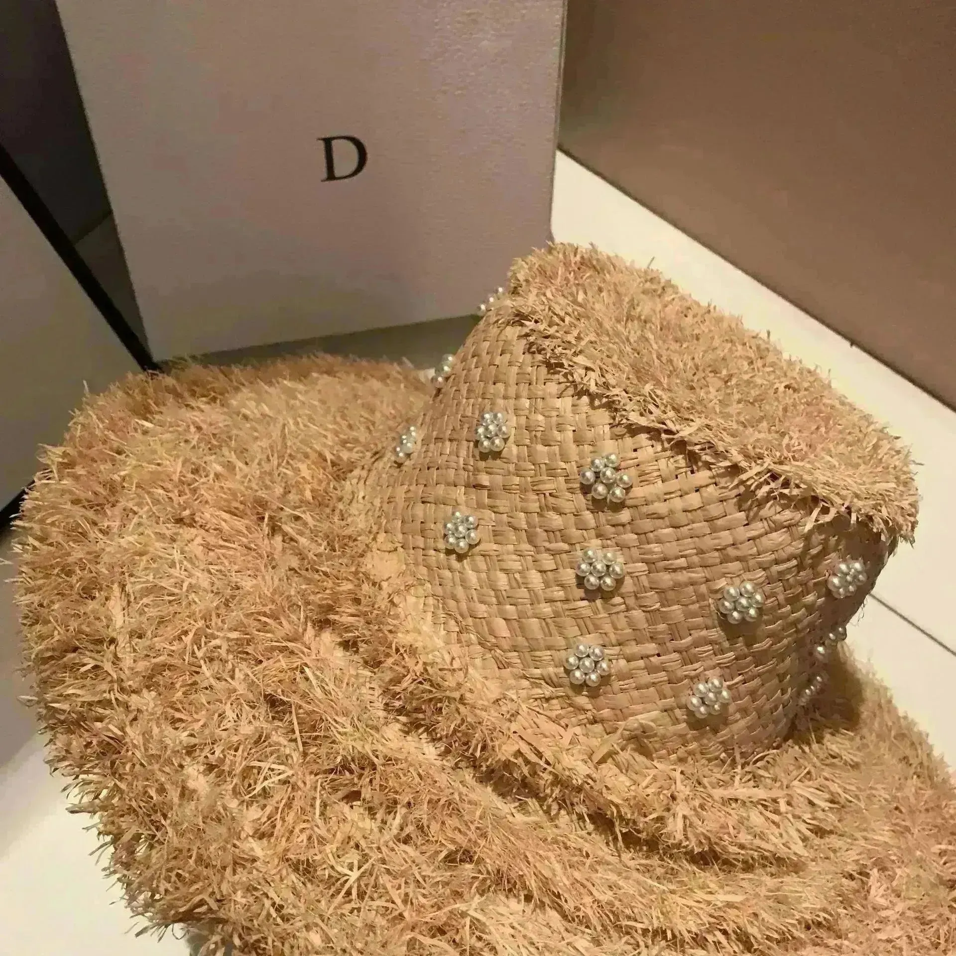 Summer Raffia Straw Hat Hand-stitched Pearl Hat