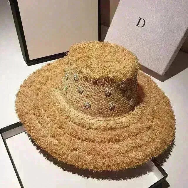 Summer Raffia Straw Hat Hand-stitched Pearl Hat