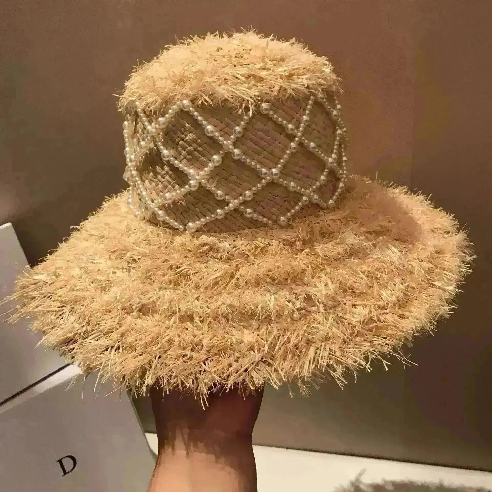 Summer Raffia Straw Hat Hand-stitched Pearl Hat