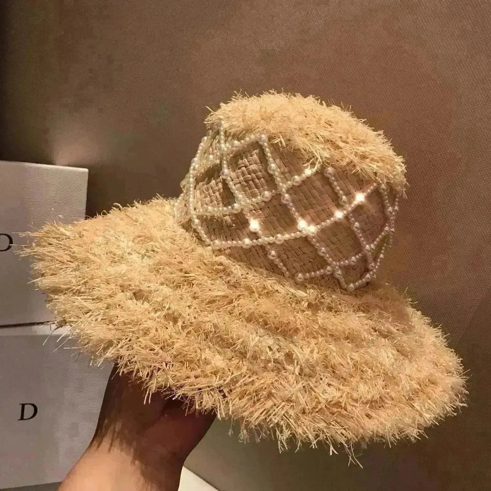 Summer Raffia Straw Hat Hand-stitched Pearl Hat