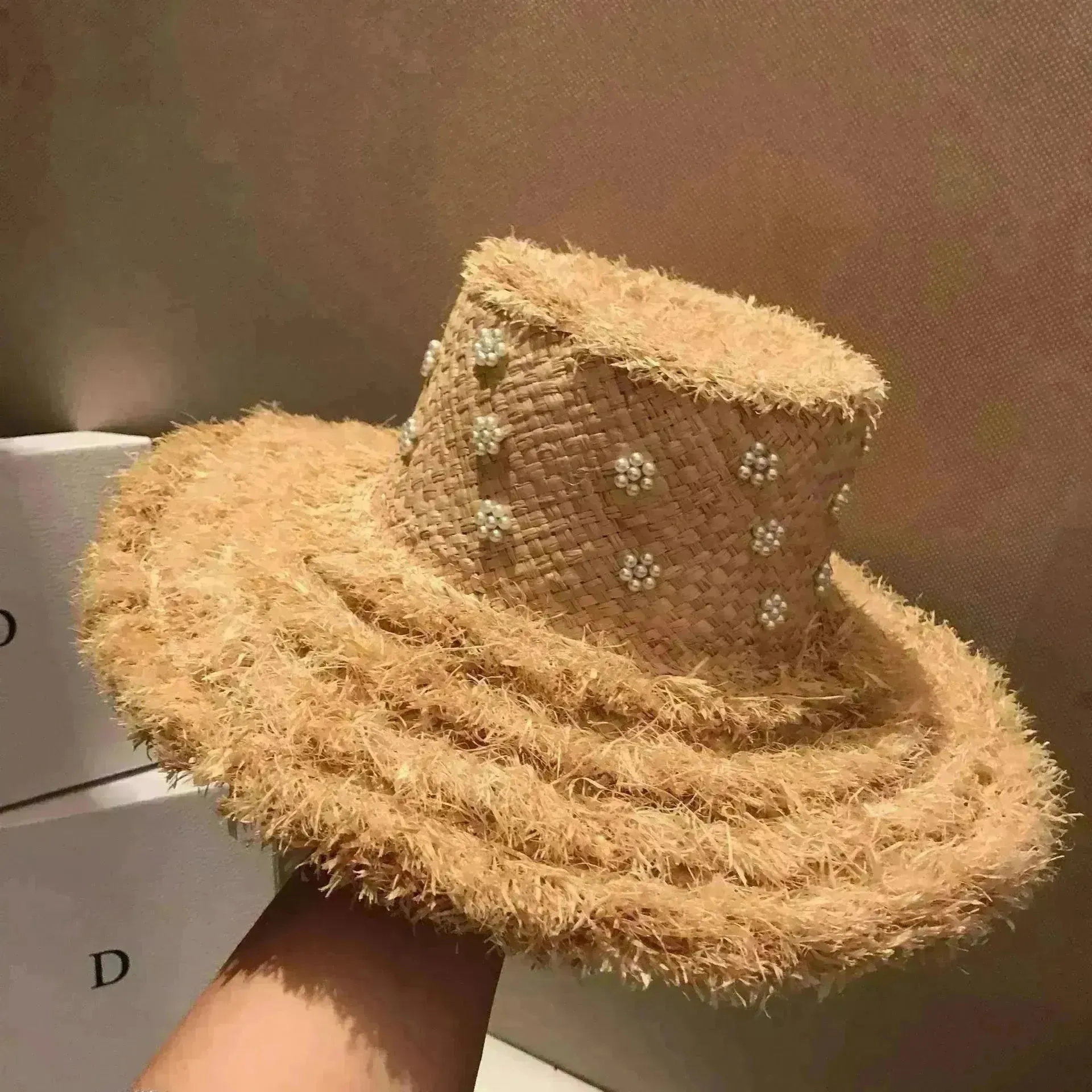 Summer Raffia Straw Hat Hand-stitched Pearl Hat