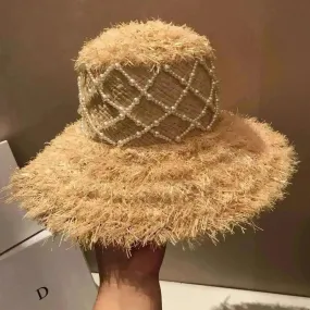 Summer Raffia Straw Hat Hand-stitched Pearl Hat